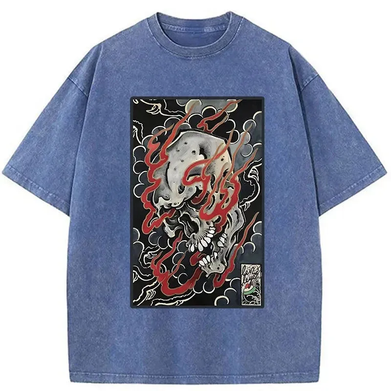 Tokyo-Tiger Flame And Skull Japanese Washed T-Shirt