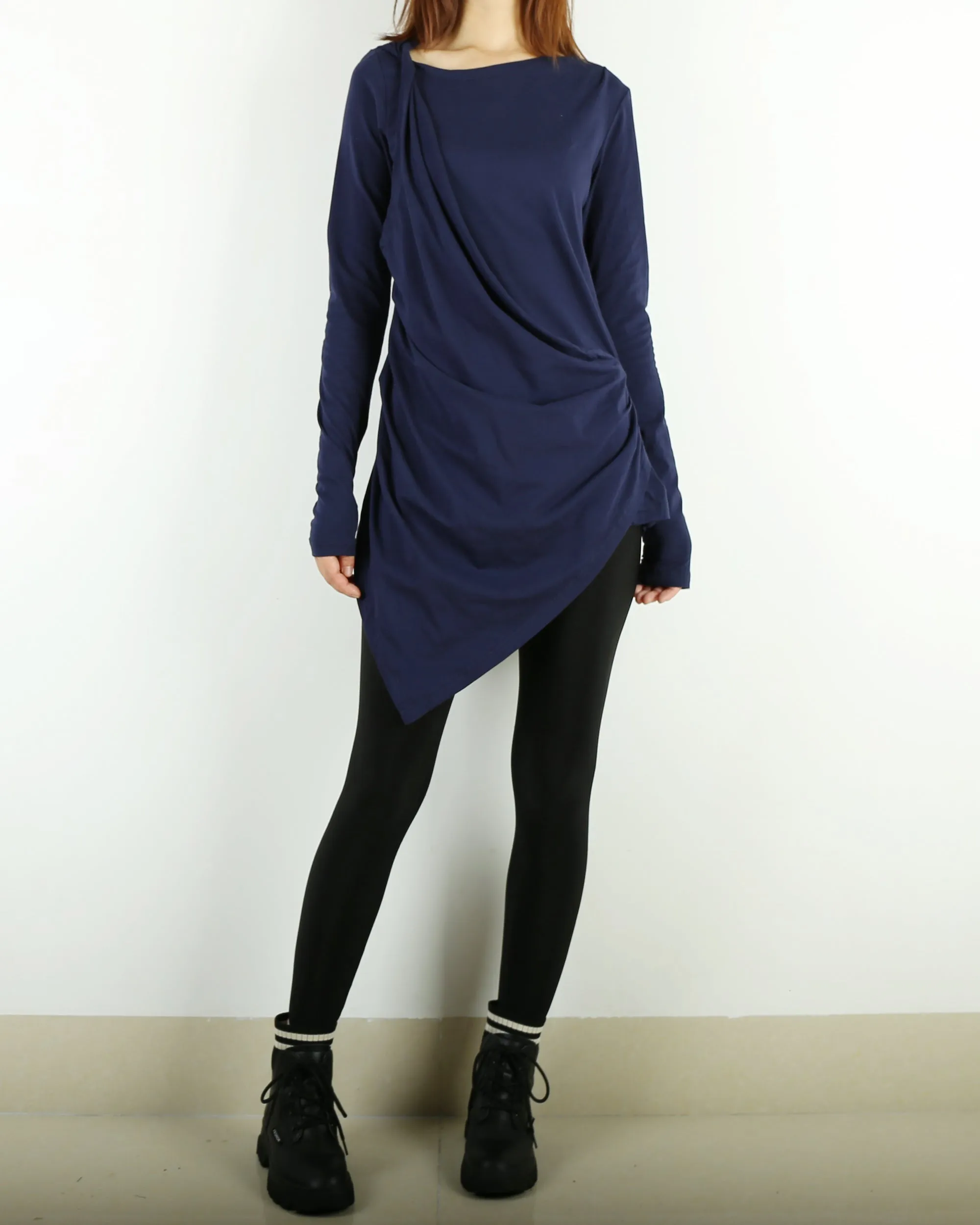 Tunic tops for women, cotton tunic dress, long sleeve t-shirt, long top, dark blue cotton top(Y1041)