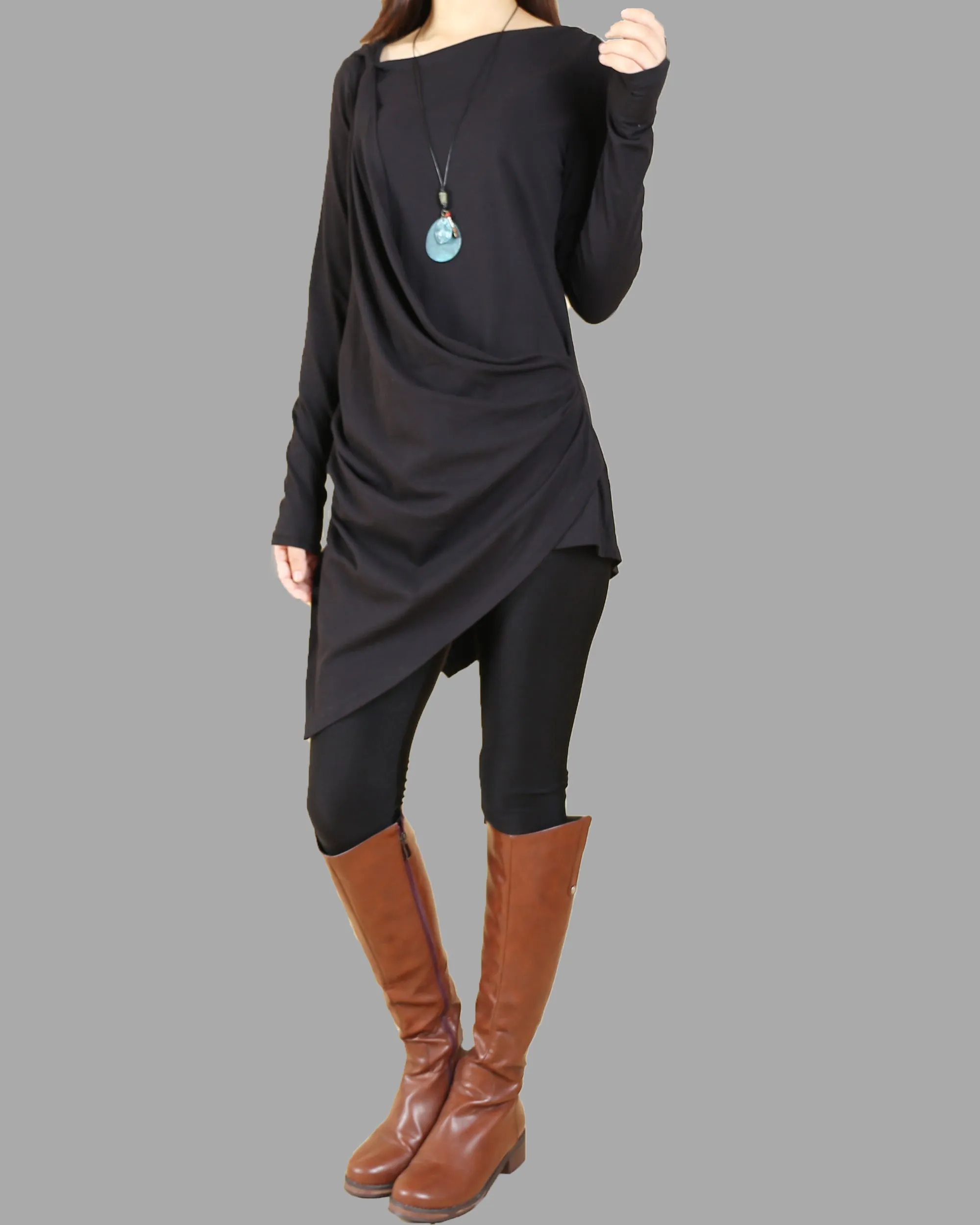 Tunic tops for women, cotton tunic dress, long sleeve t-shirt, long top, dark blue cotton top(Y1041)