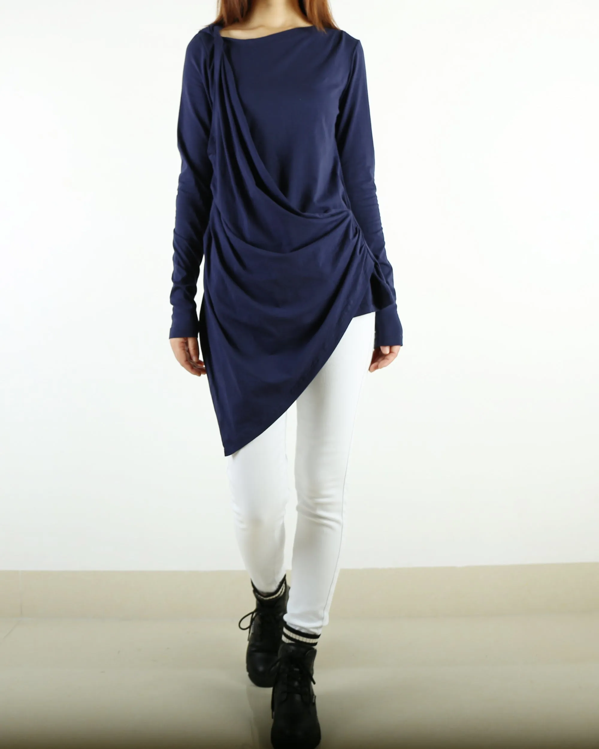 Tunic tops for women, cotton tunic dress, long sleeve t-shirt, long top, dark blue cotton top(Y1041)