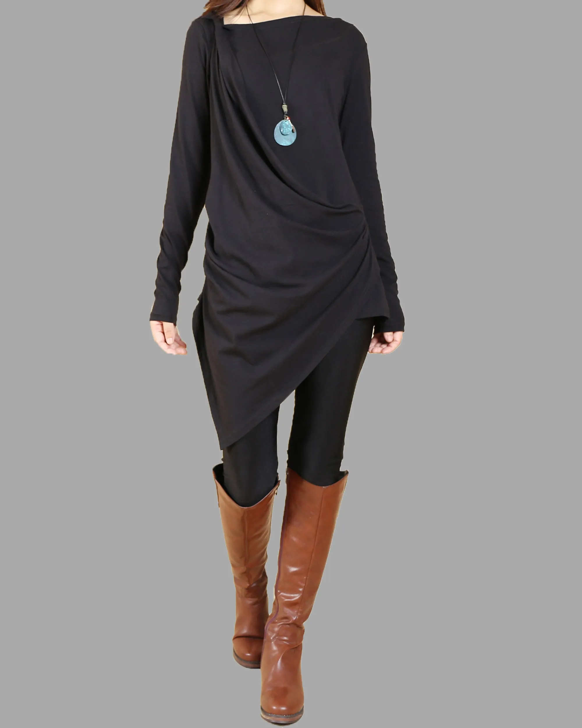 Tunic tops for women, cotton tunic dress, long sleeve t-shirt, long top, dark blue cotton top(Y1041)