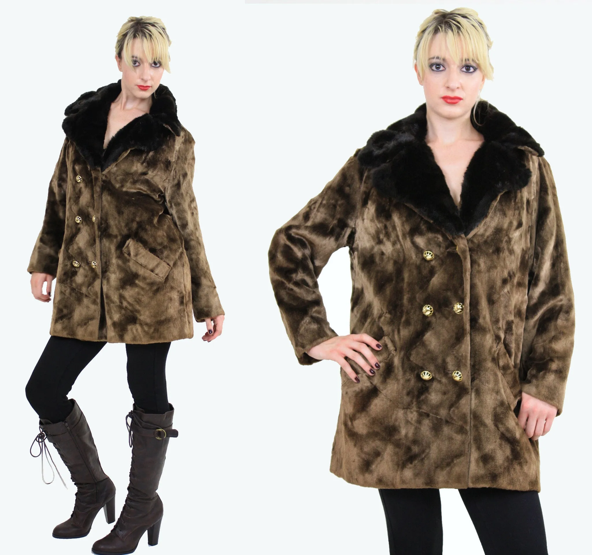 Vintage 60s Boho Hippie double breasted faux fur Coat