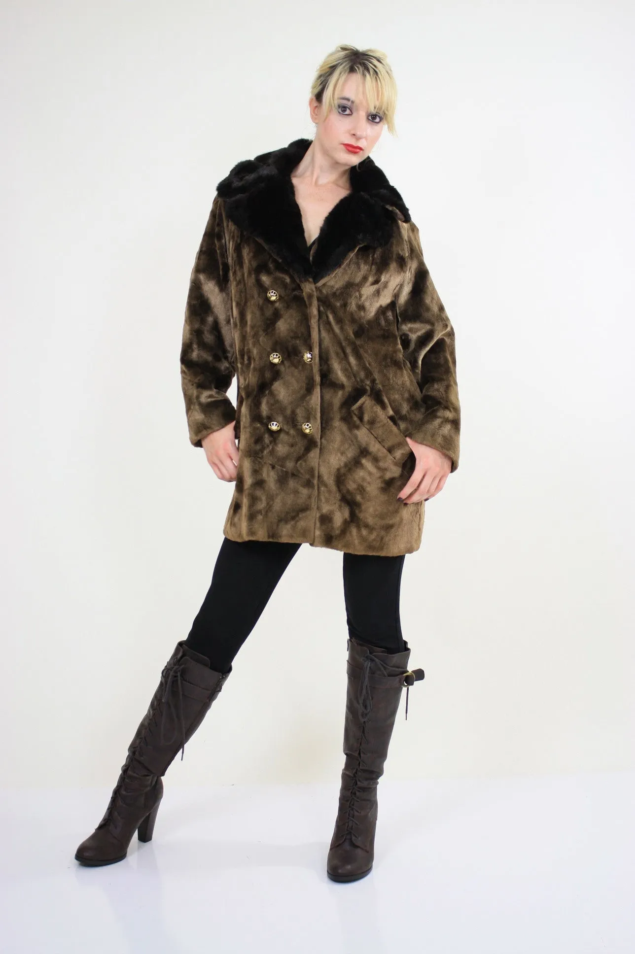 Vintage 60s Boho Hippie double breasted faux fur Coat