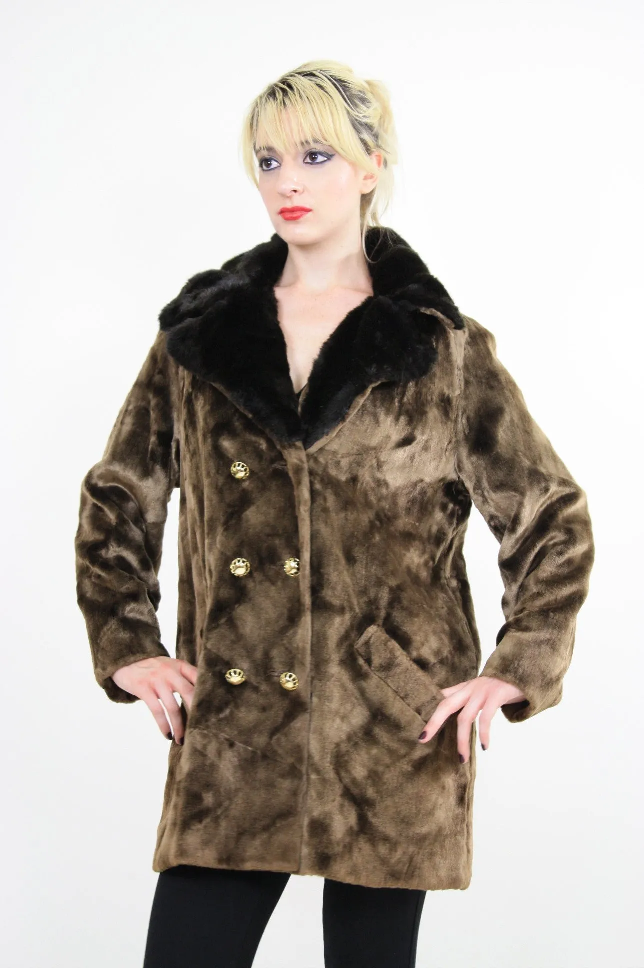 Vintage 60s Boho Hippie double breasted faux fur Coat