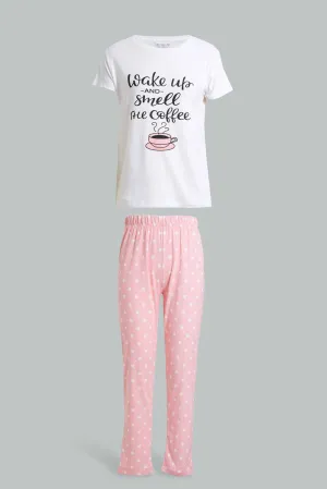 White And Pink Coffee Pyjama Set For Senior Girls (2 Piece)