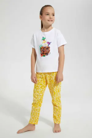 White And Yellow Printed Pyjama Set (2 Piece)