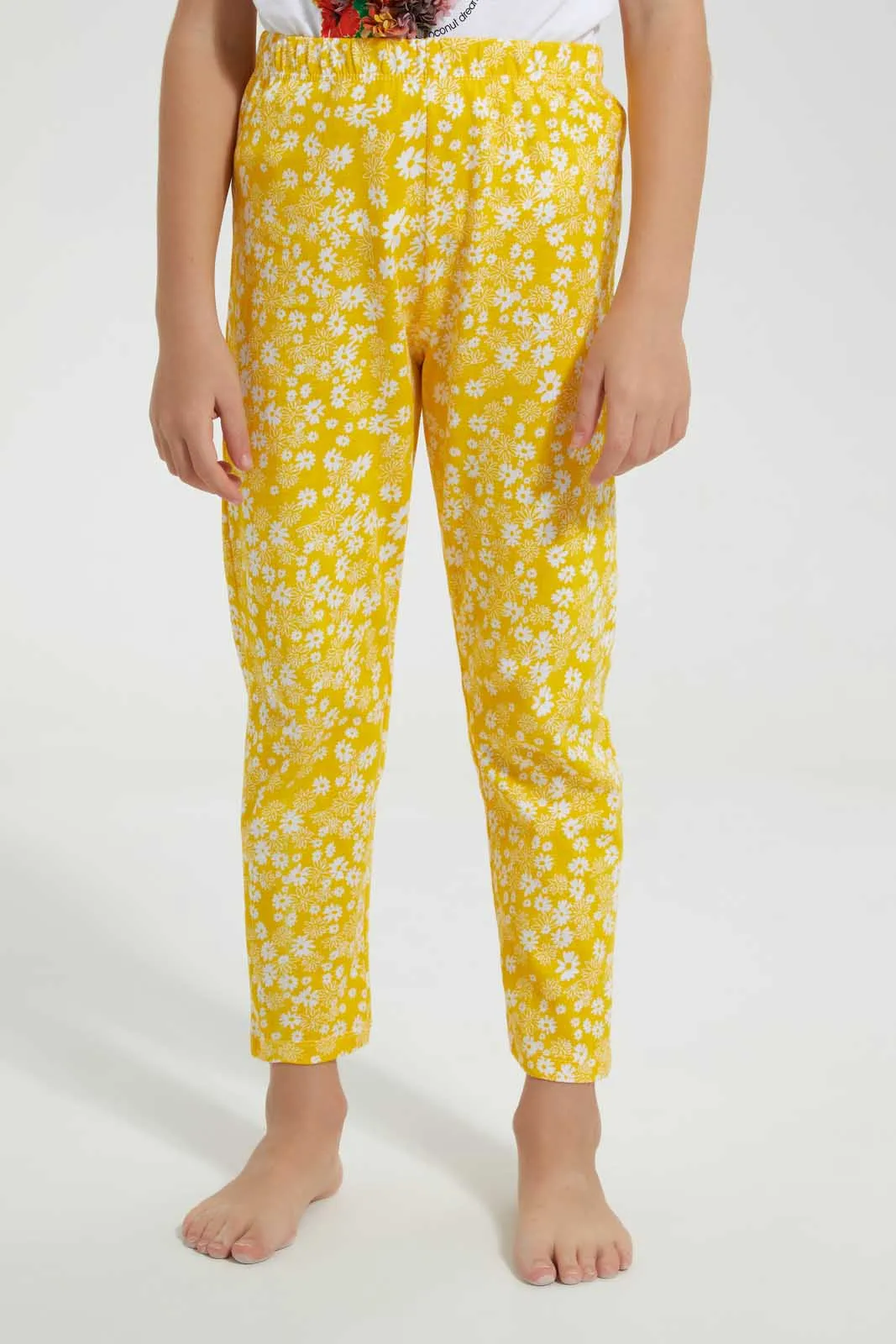 White And Yellow Printed Pyjama Set (2 Piece)