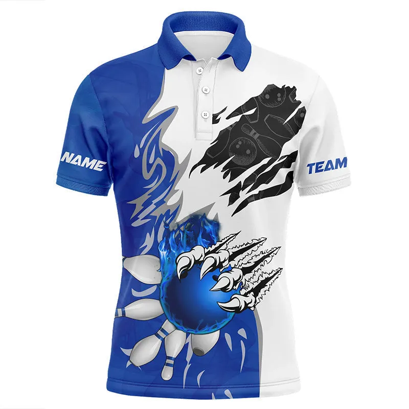 White Bowling Long Sleeve Polo Shirt For Men Custom Bowling Ball Pins Jerseys Flame Bowling Shirt Blue