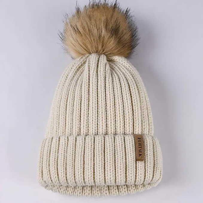 Winter Black Knit Pom Pom Faux Fur Beanie Hat
