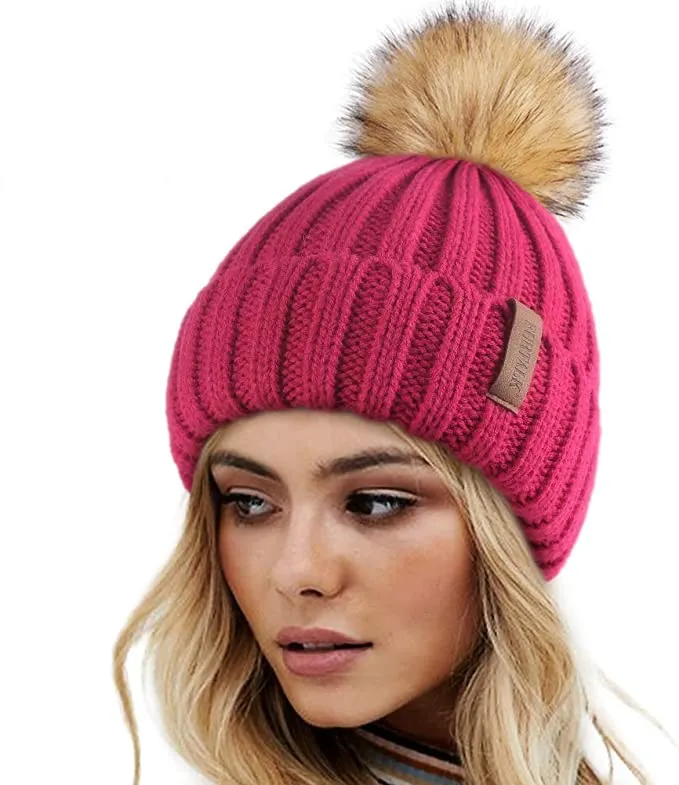 Winter Black Knit Pom Pom Faux Fur Beanie Hat