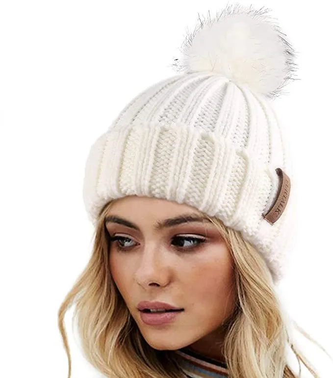 Winter Black Knit Pom Pom Faux Fur Beanie Hat