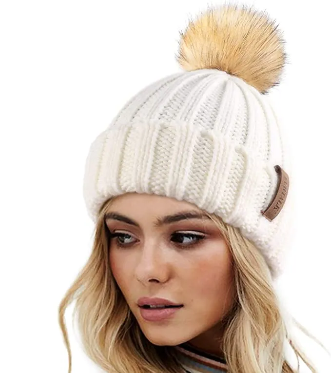 Winter Black Knit Pom Pom Faux Fur Beanie Hat