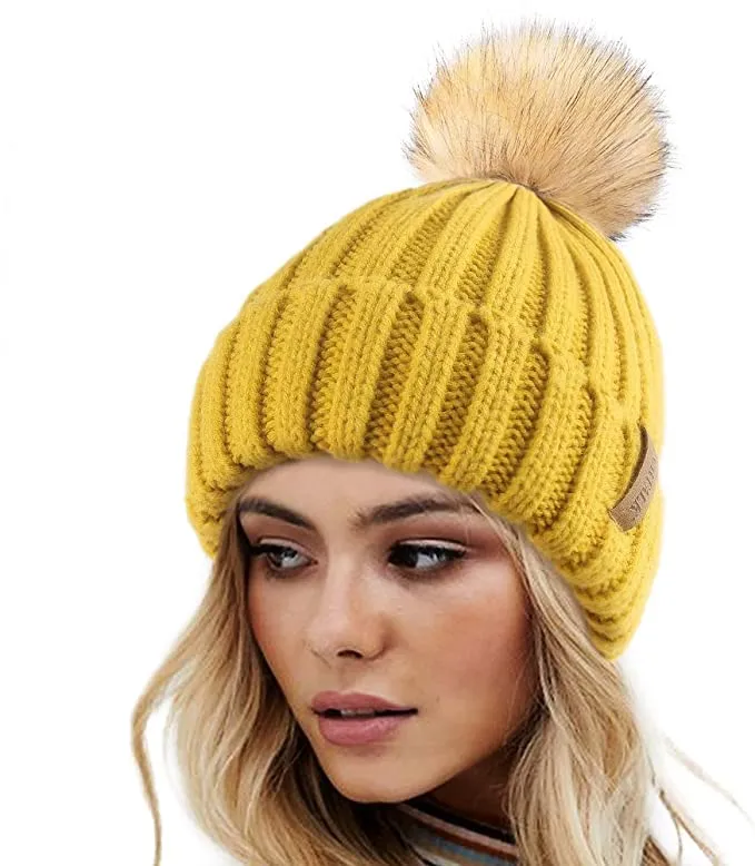Winter Black Knit Pom Pom Faux Fur Beanie Hat