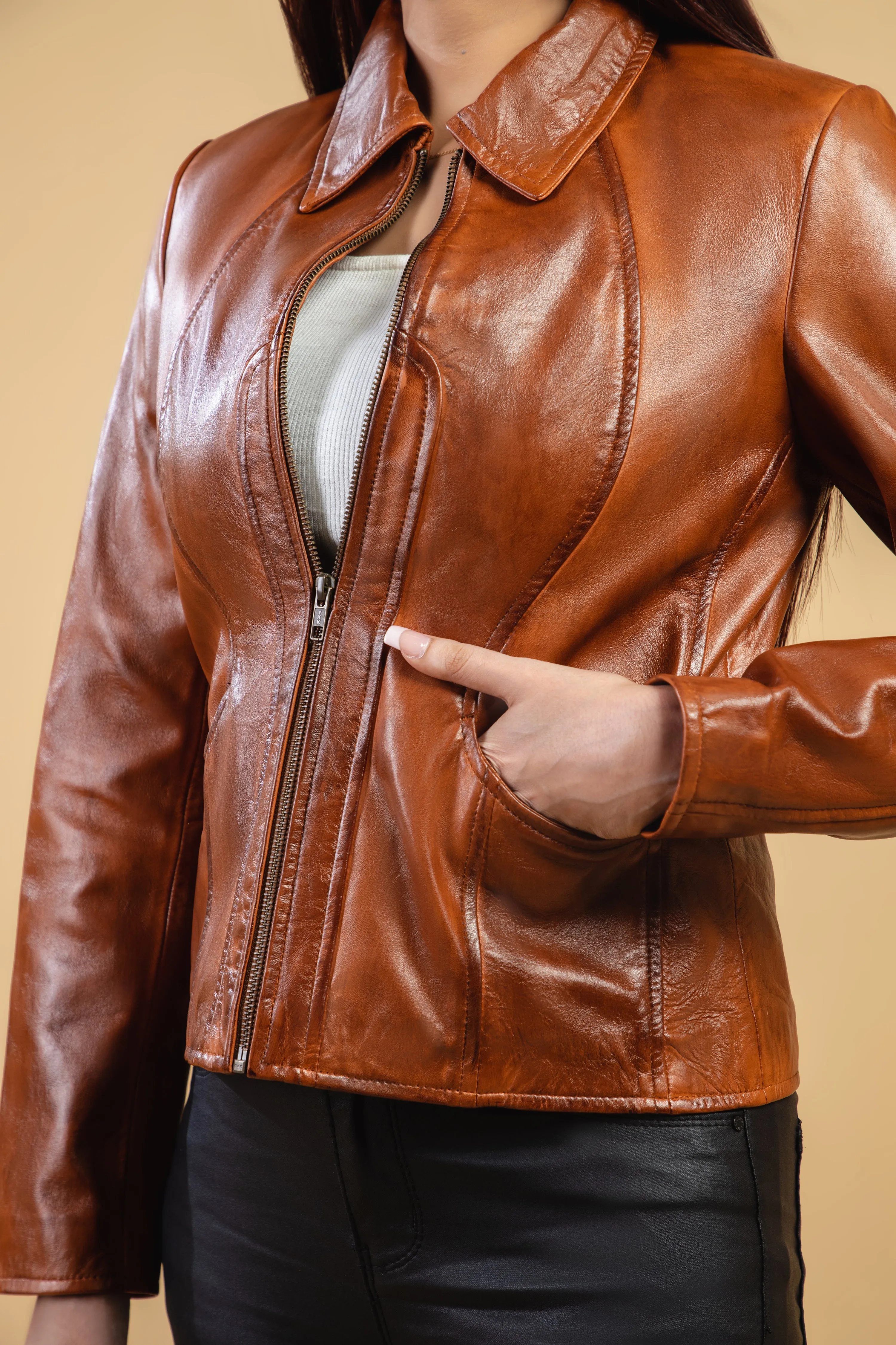 Woman Real Leather Tan Brown Lambskin Leather Jacket