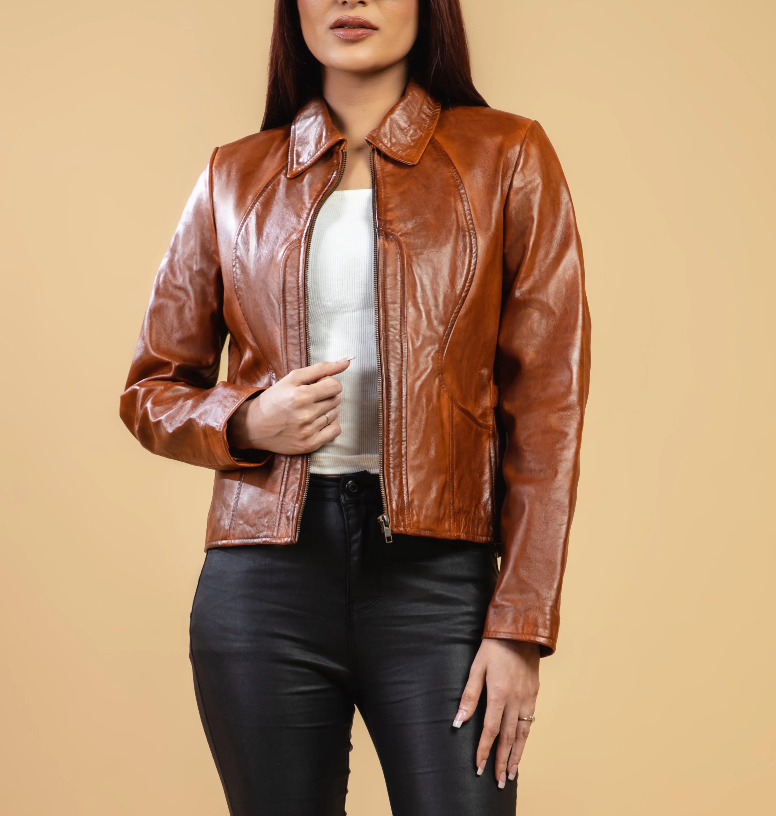 Woman Real Leather Tan Brown Lambskin Leather Jacket