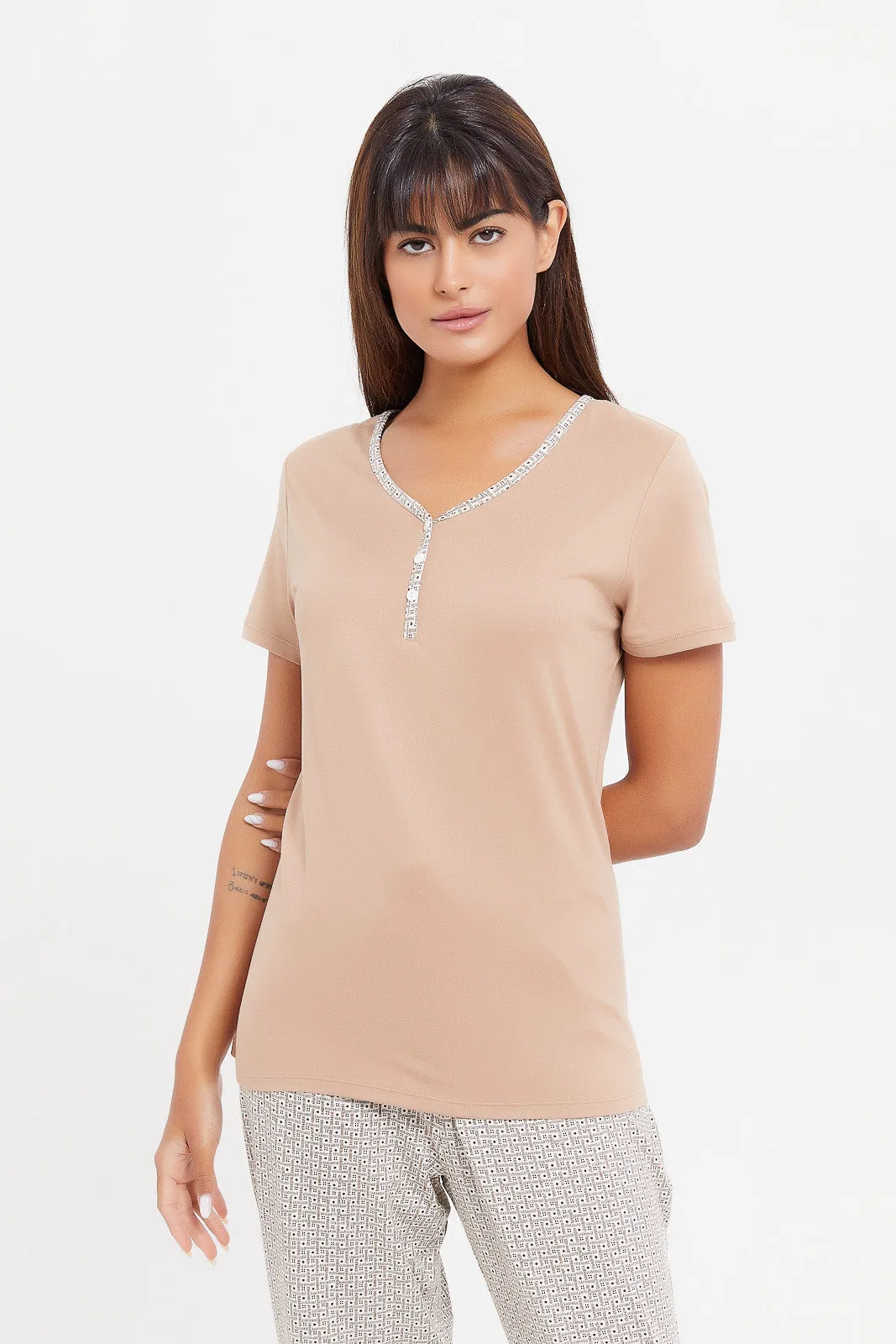 Women Beige And Grey Pyjama Set (2 piece)