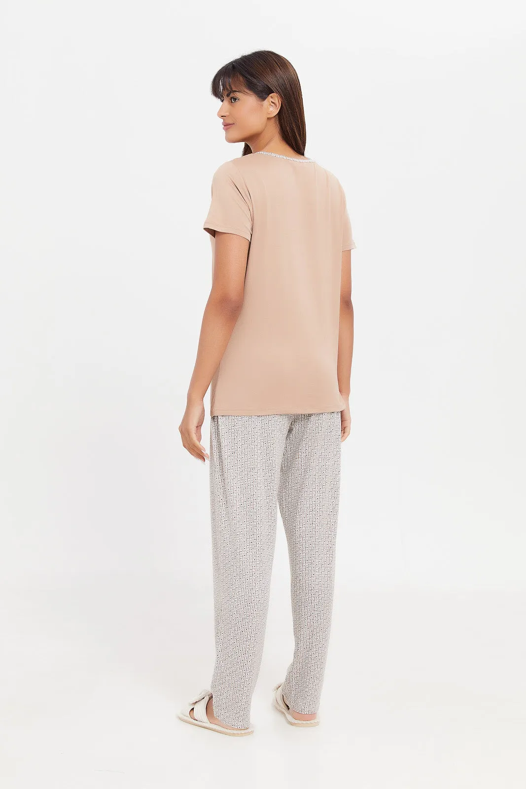 Women Beige And Grey Pyjama Set (2 piece)