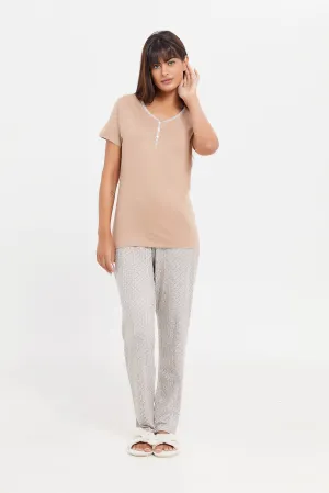 Women Beige And Grey Pyjama Set (2 piece)