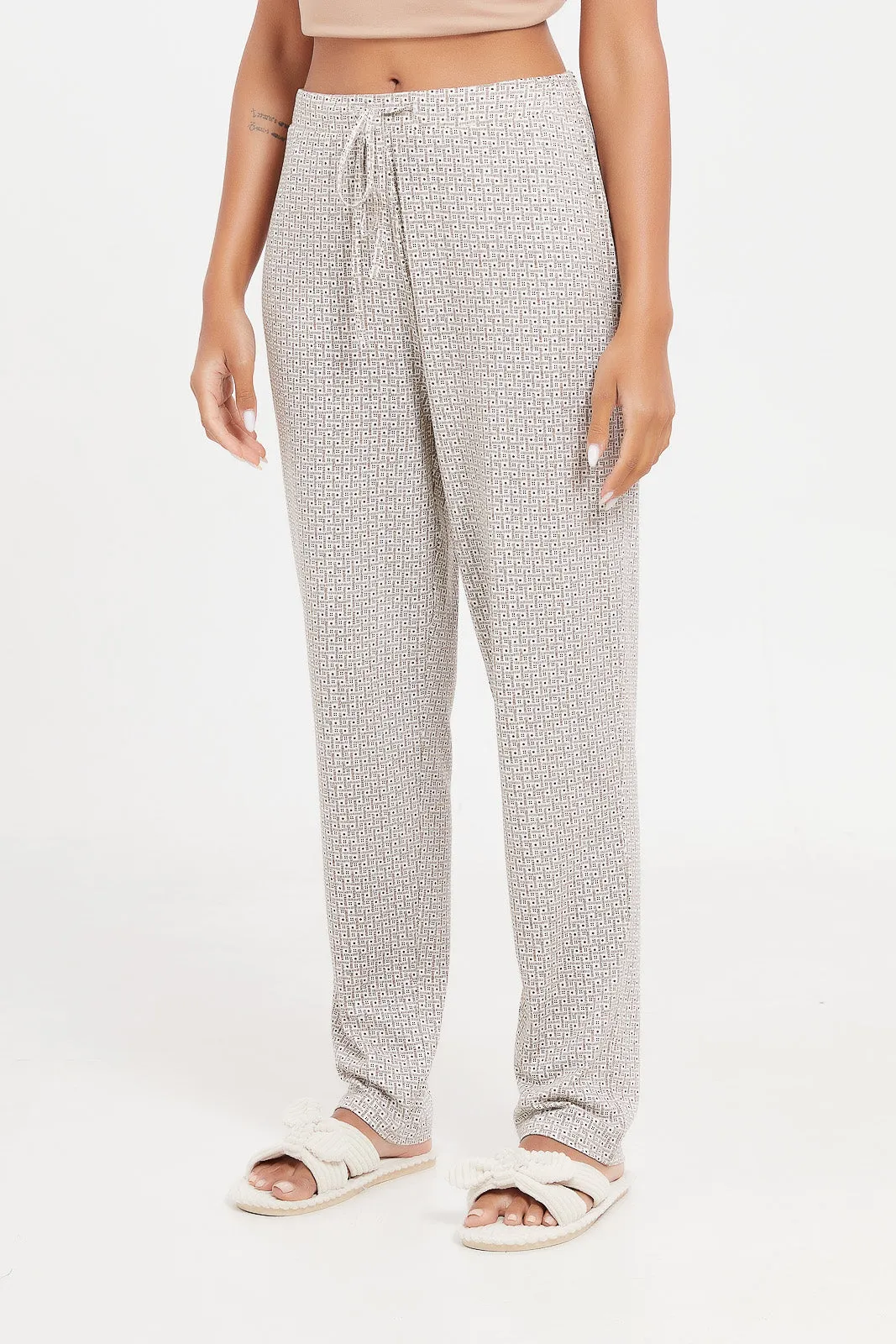 Women Beige And Grey Pyjama Set (2 piece)