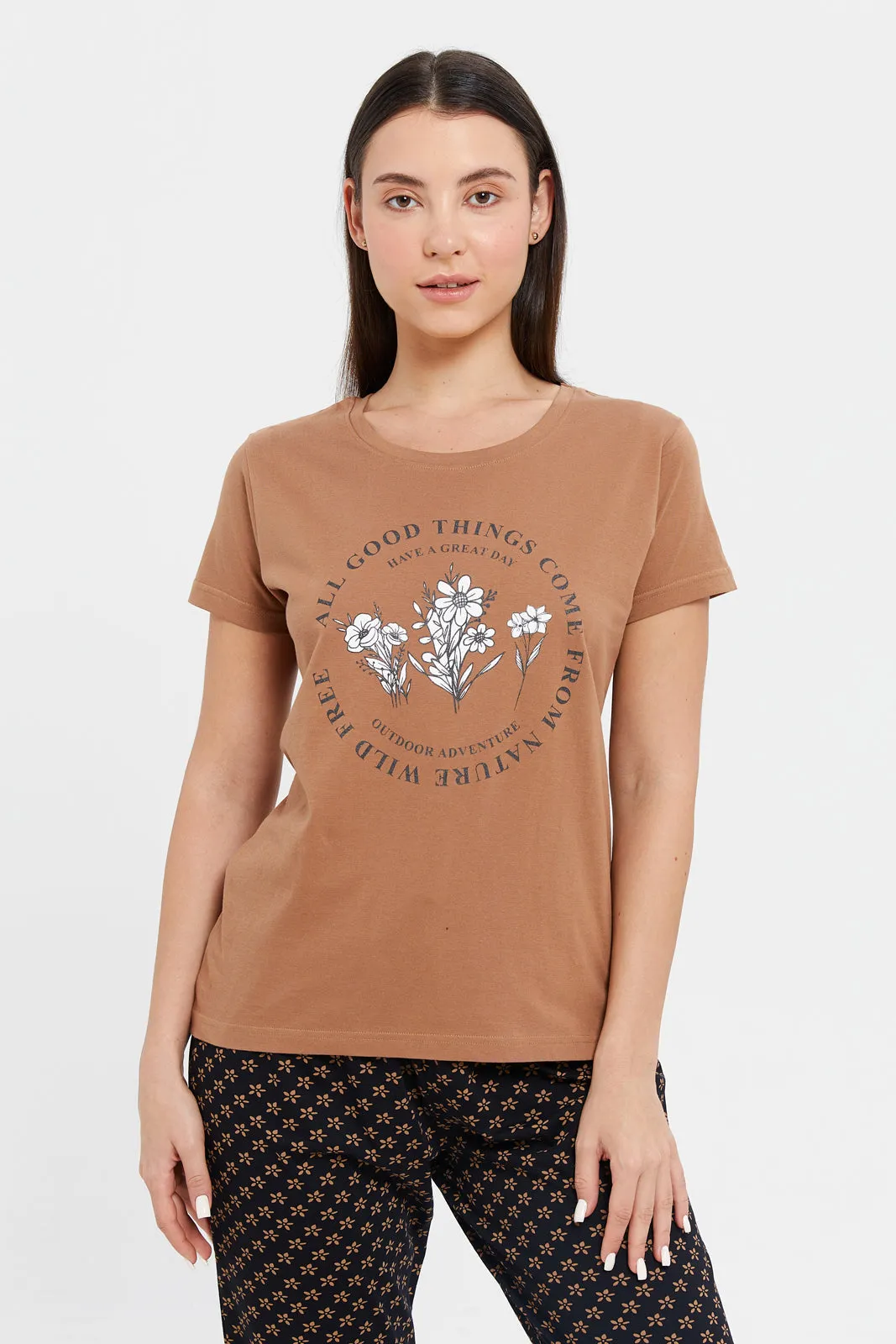 Women Brown And Black Printed Pyjama Set (2 Piece)