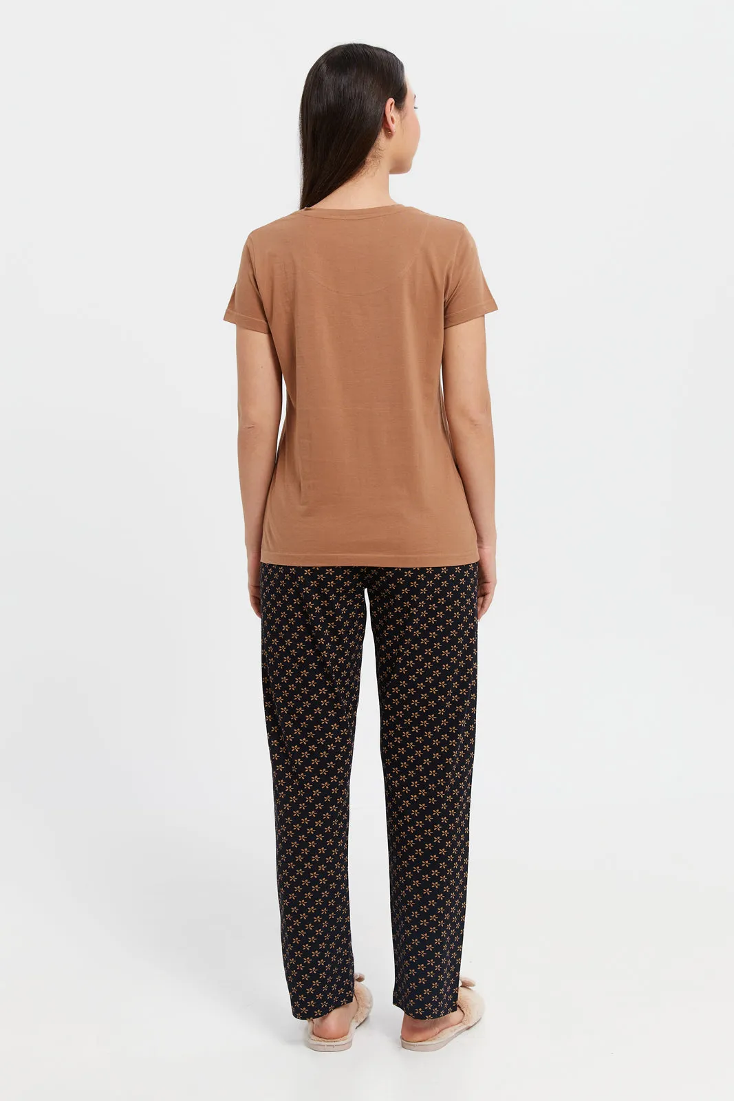 Women Brown And Black Printed Pyjama Set (2 Piece)