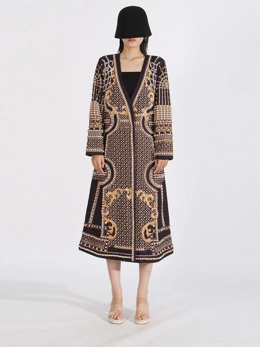 Women Peral Designer Trench Long Sleeve Chic Formal Coat