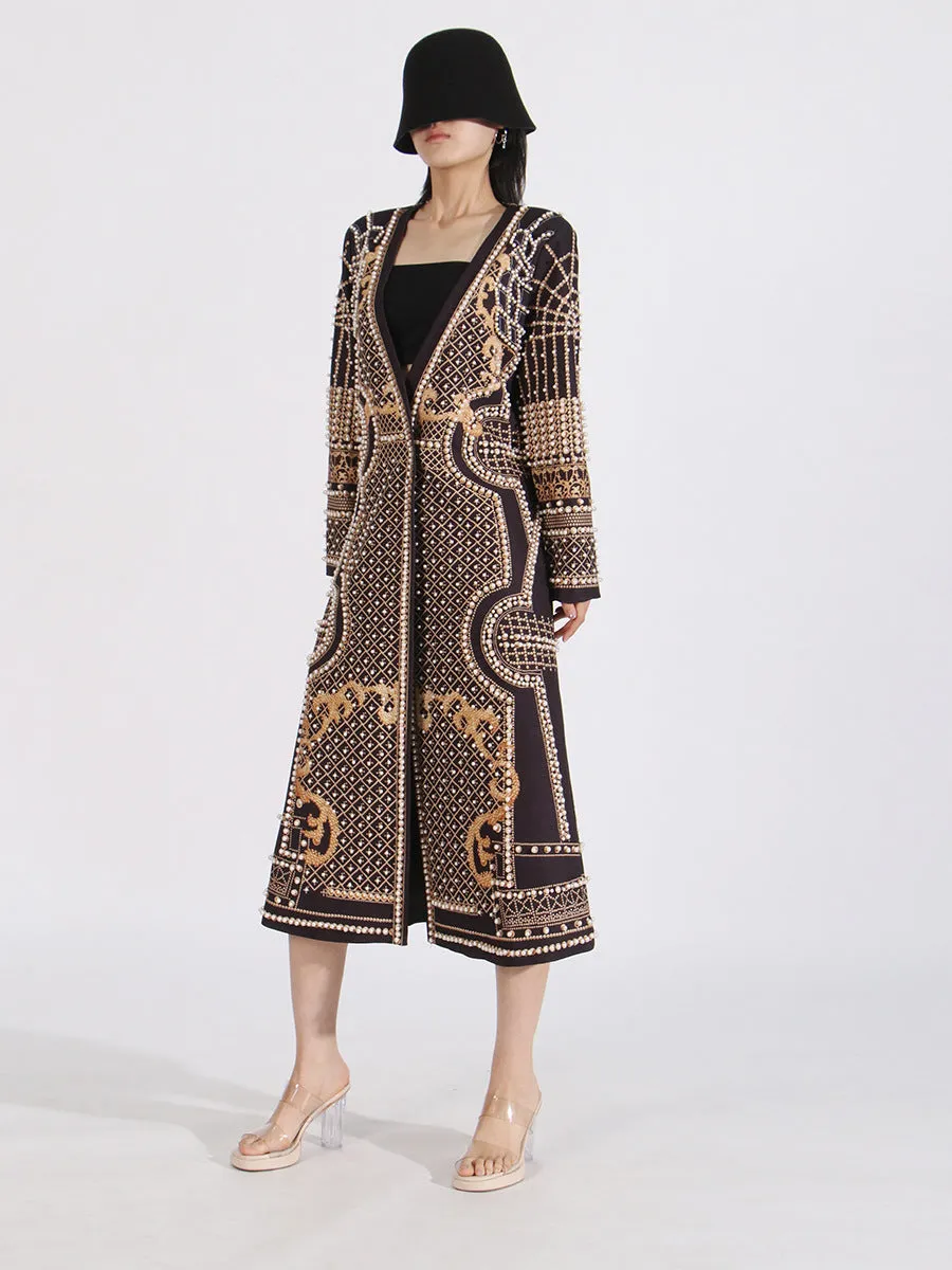 Women Peral Designer Trench Long Sleeve Chic Formal Coat
