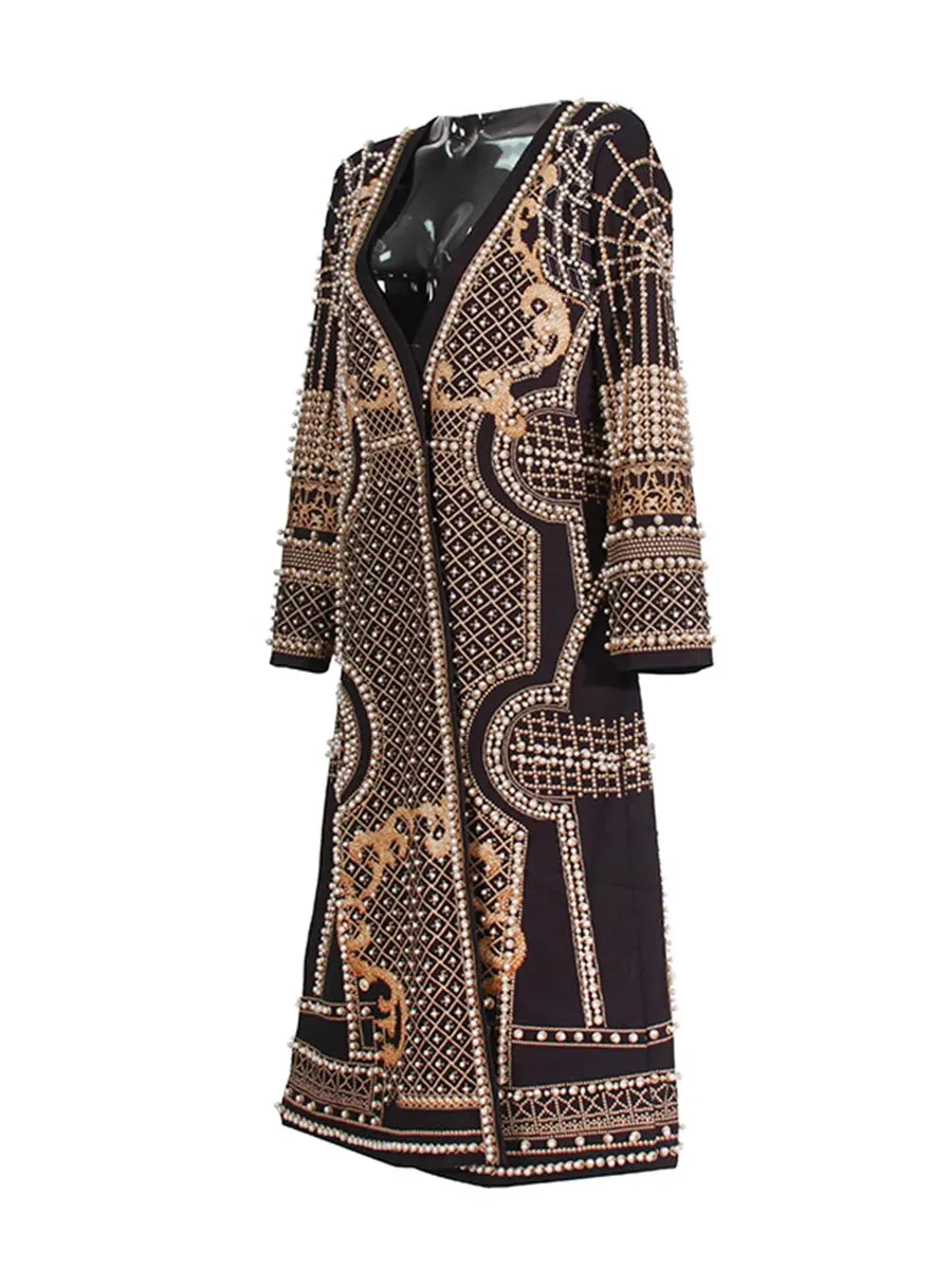 Women Peral Designer Trench Long Sleeve Chic Formal Coat
