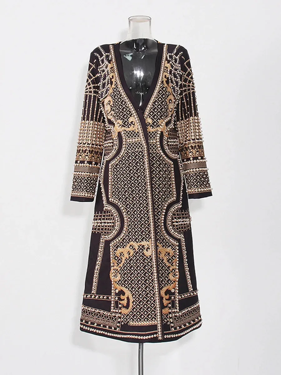 Women Peral Designer Trench Long Sleeve Chic Formal Coat