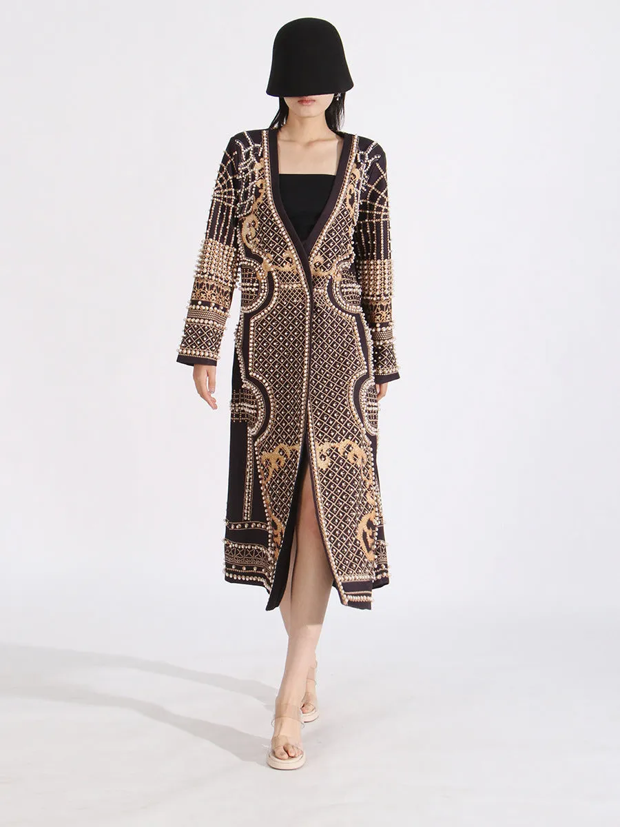 Women Peral Designer Trench Long Sleeve Chic Formal Coat