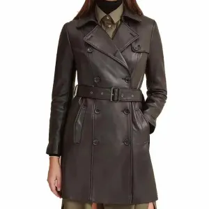 Women's Belted Double Breasted Black Leather Trench Coat Stylish & Chic