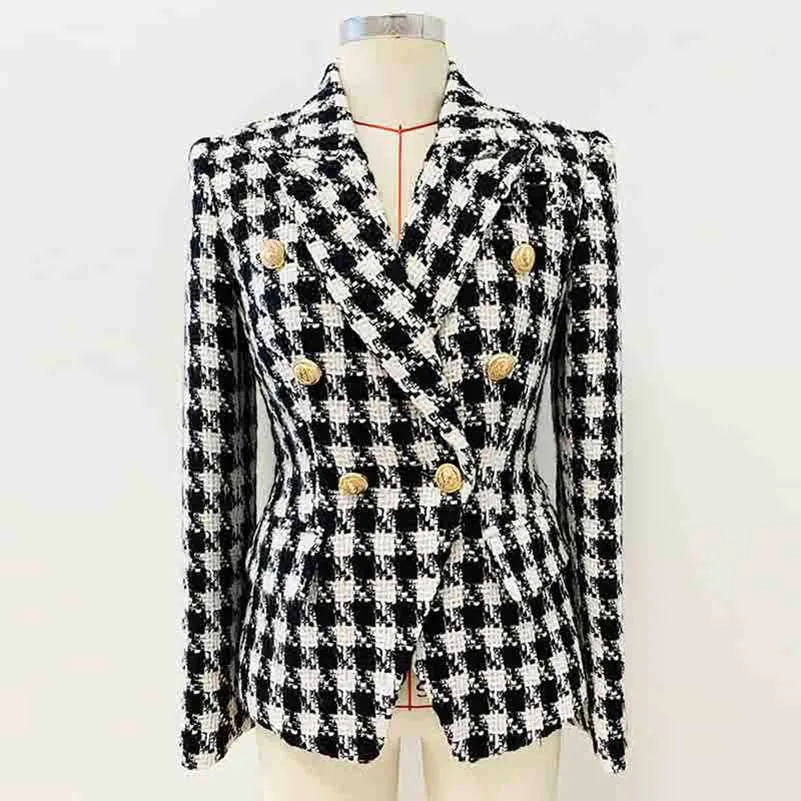 Women's double breasted black and white houndstooth blazer jacket