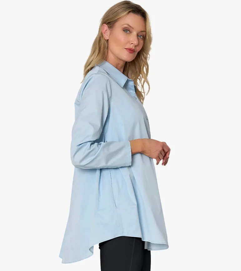 Women's Long Sleeve A-Line Button Front Prime Time Tunic CHAMBRAY
