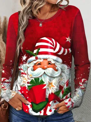 Womens long sleeve t shirts| Graphic Print Long Sleeve T-Shirt With Santa Claus