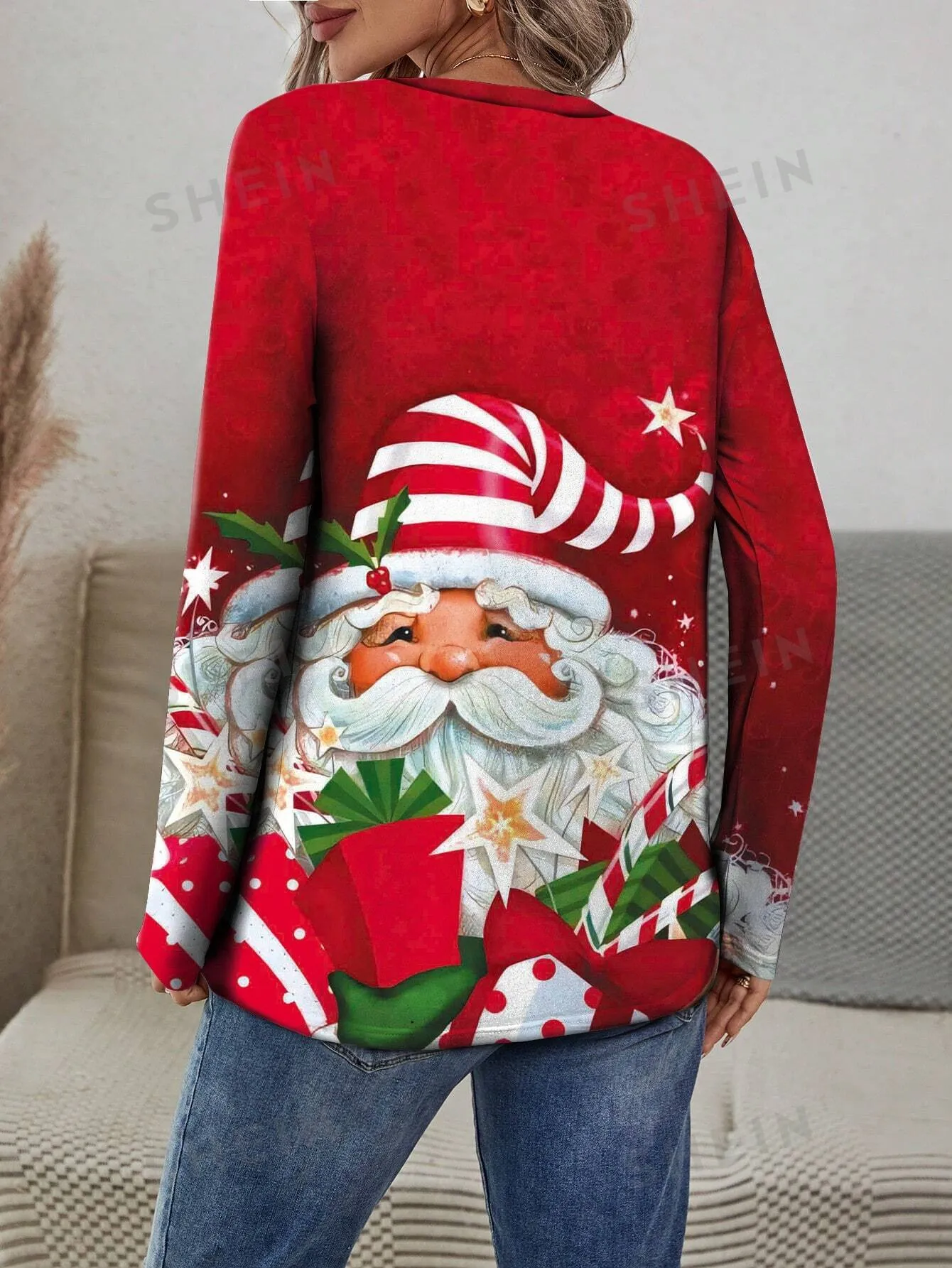 Womens long sleeve t shirts| Graphic Print Long Sleeve T-Shirt With Santa Claus