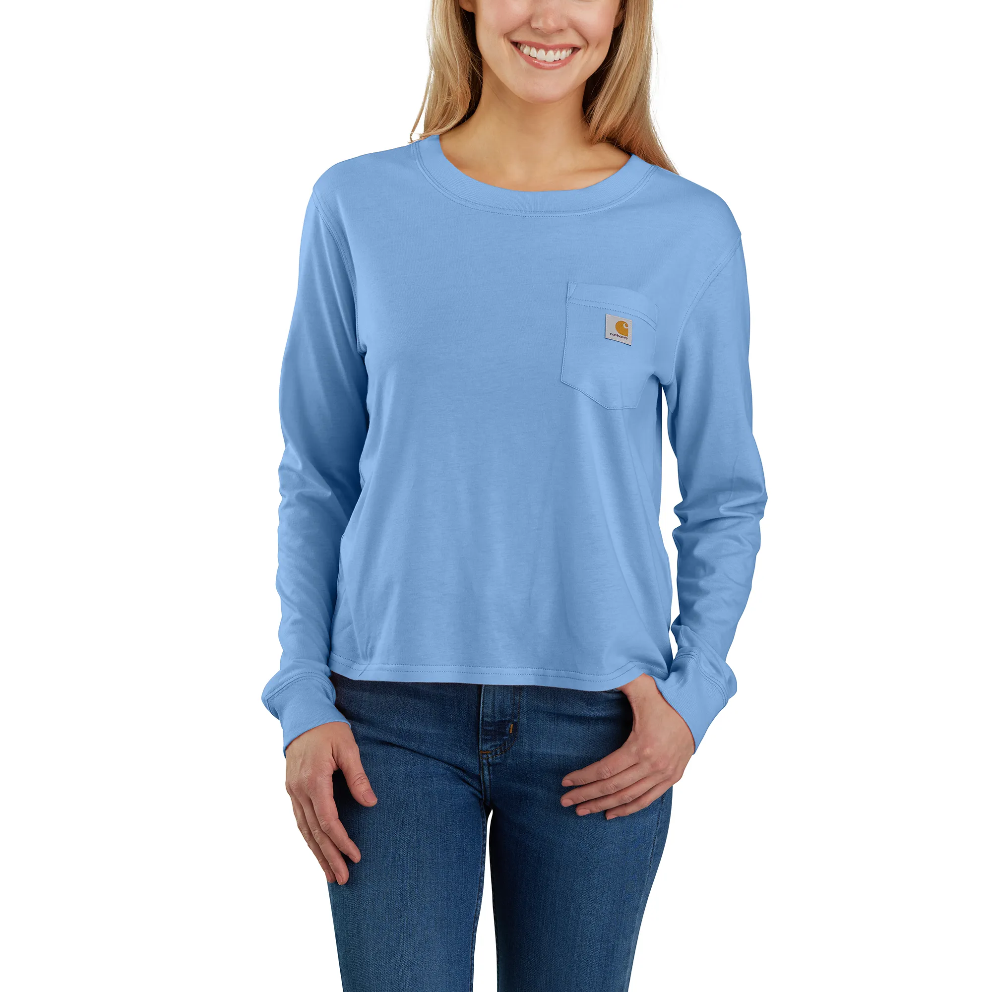 Women's Loose Fit Lightweight Long-Sleeve Crewneck Pocket T-Shirt