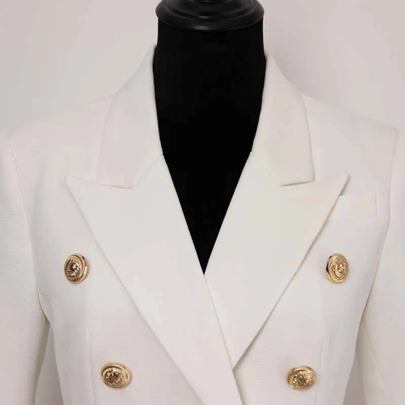 Women's Luxury Fitted Blazer Golden Lion Buttons Coat White Color