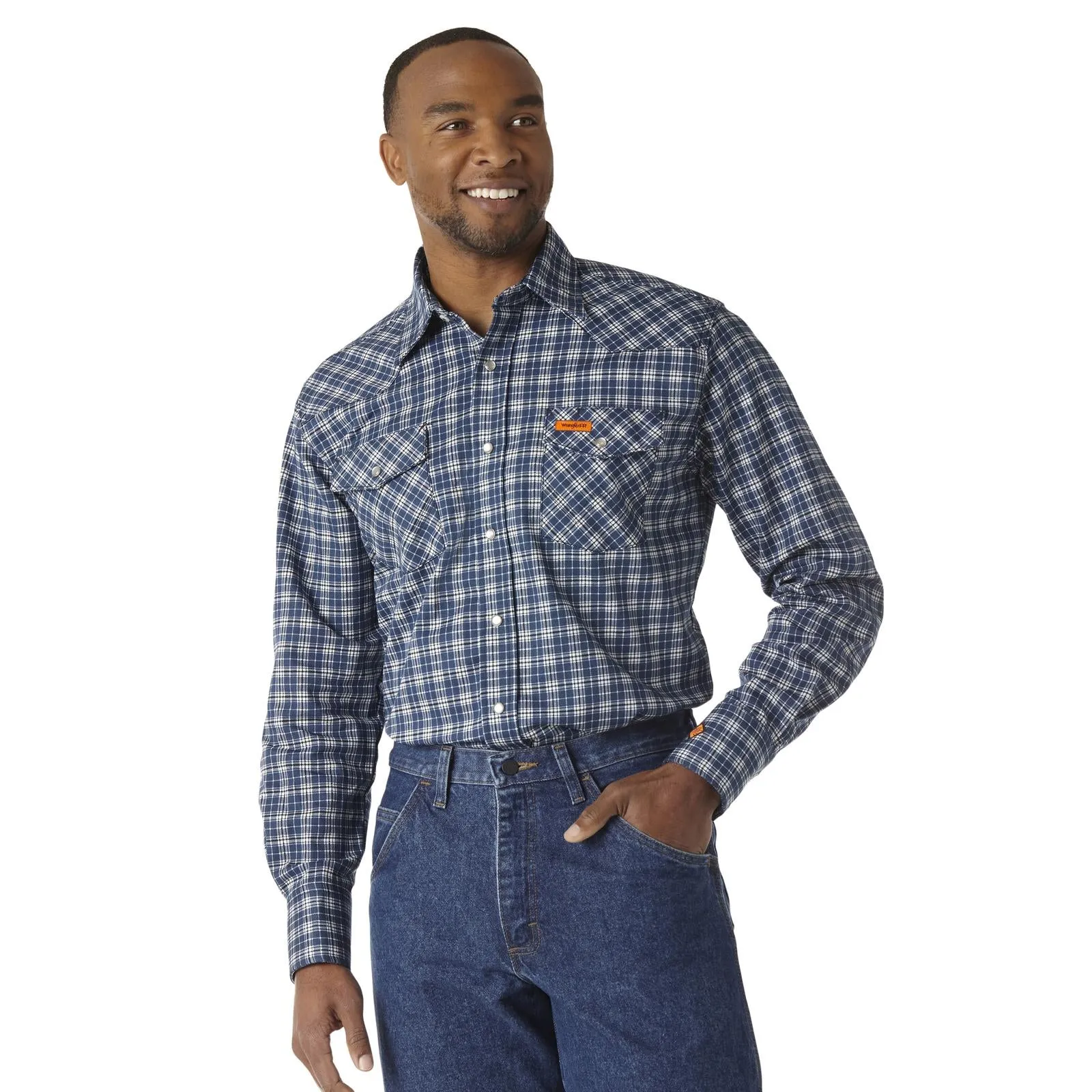 Wrangler, FR Flame Resistant Long Sleeve Work Snap Shirt, FR1122BW, Navy Plaid