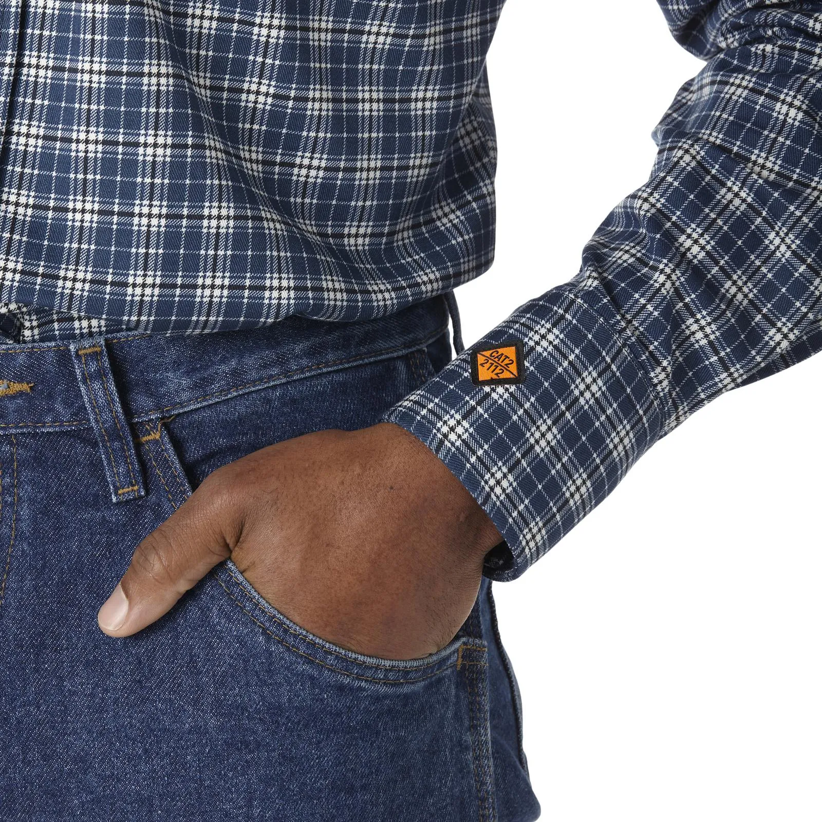 Wrangler, FR Flame Resistant Long Sleeve Work Snap Shirt, FR1122BW, Navy Plaid