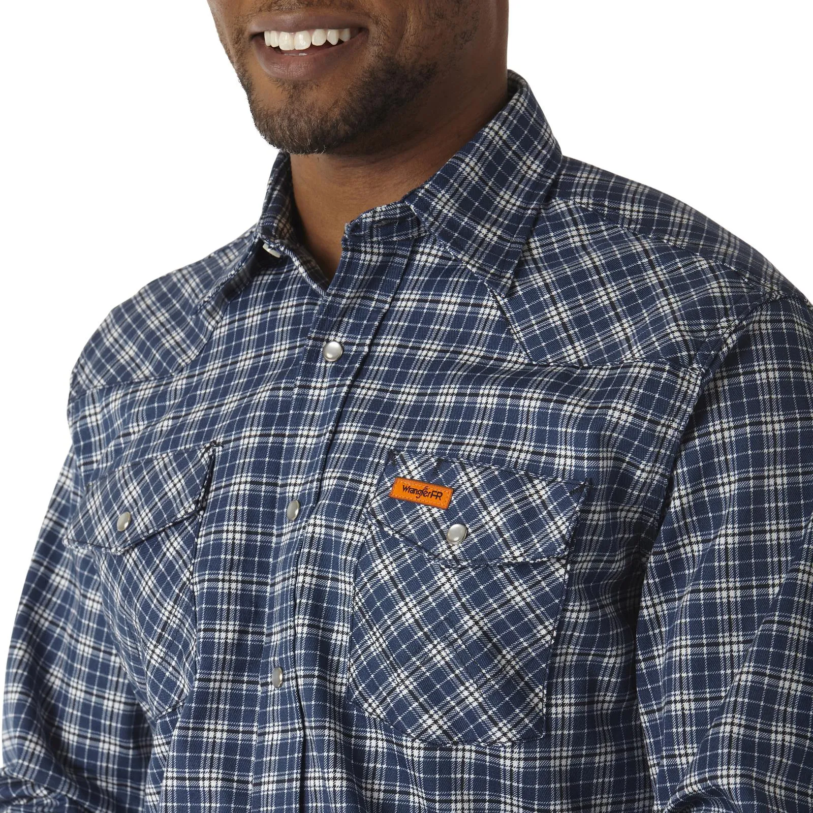 Wrangler, FR Flame Resistant Long Sleeve Work Snap Shirt, FR1122BW, Navy Plaid