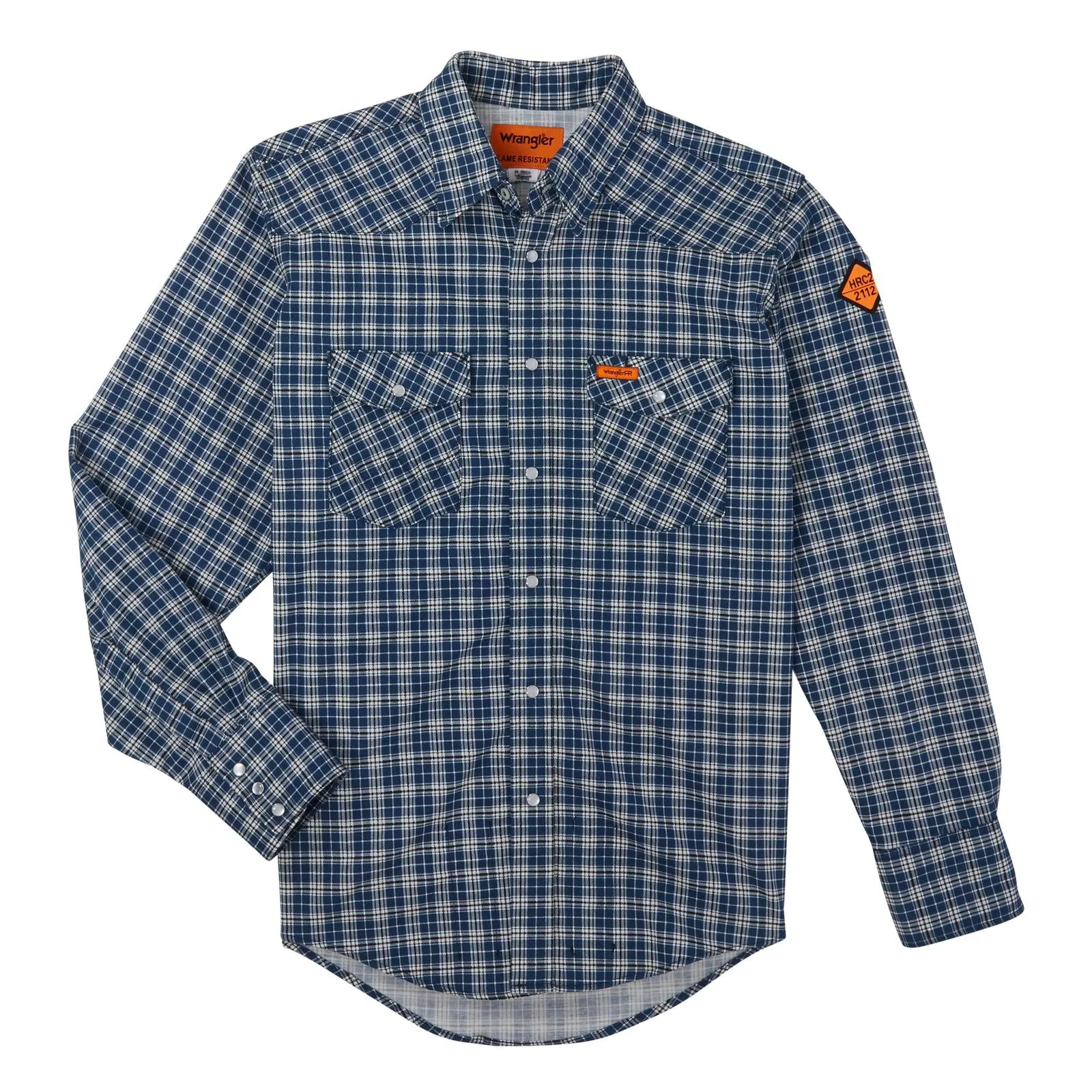 Wrangler, FR Flame Resistant Long Sleeve Work Snap Shirt, FR1122BW, Navy Plaid