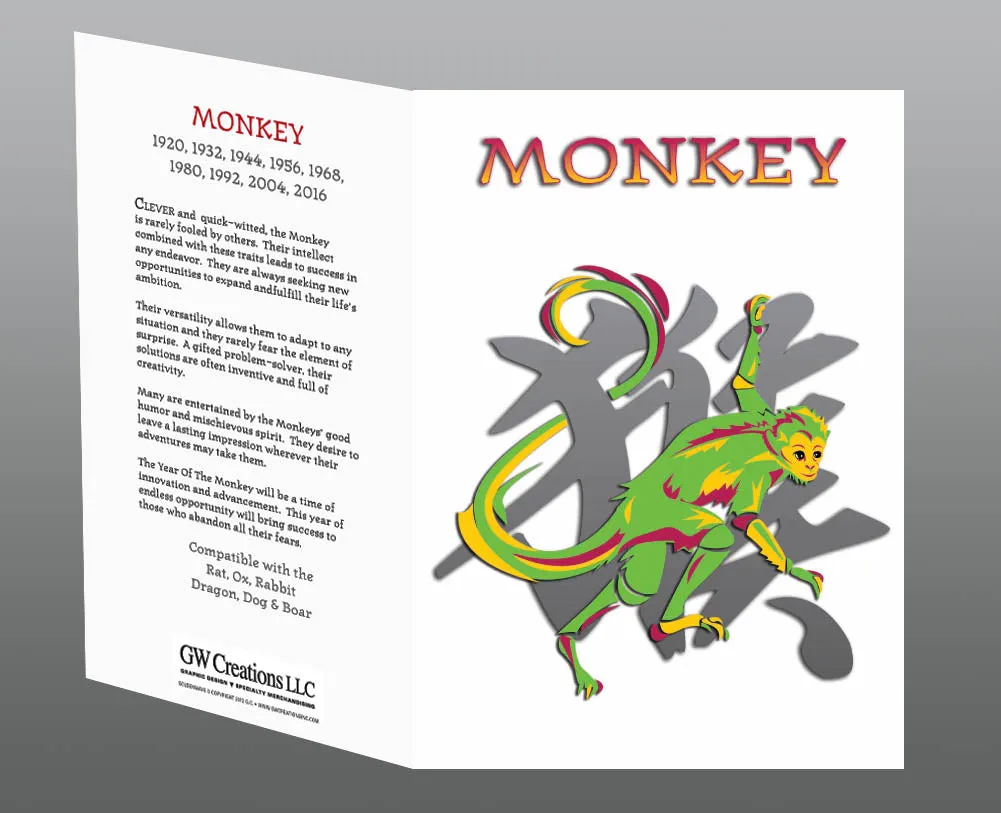Year of the Monkey Black t-shirt Neon-NRG Design Zodiac Birth Years: 1932, 44, 56, 68, 80, 92, 04, 2016 FREE GREETING CARD W/ORDER