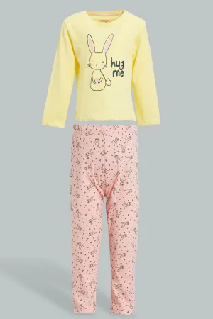 Yellow And Pink Bunny Pyjama Set For Baby Girls (2 Piece)