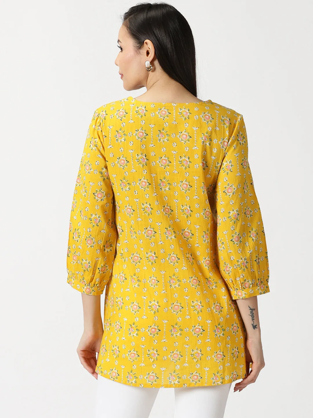Yellow Floral Print Cotton Tunic with Lucknowi Chikankari Yoke