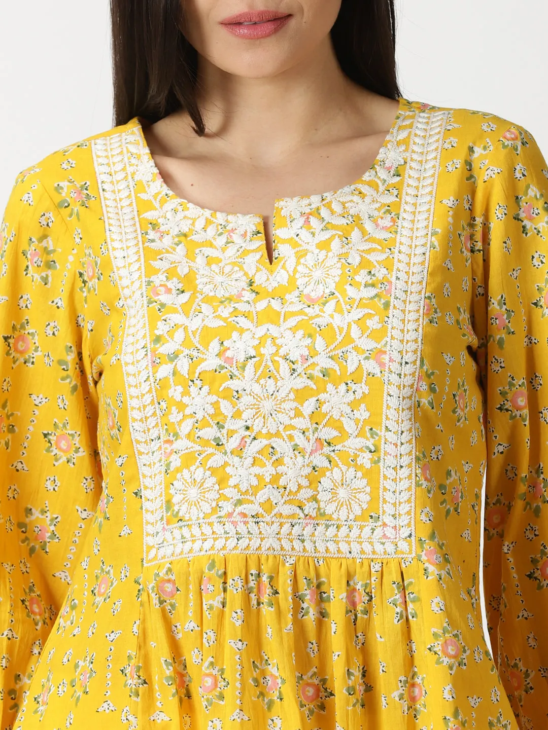 Yellow Floral Print Cotton Tunic with Lucknowi Chikankari Yoke