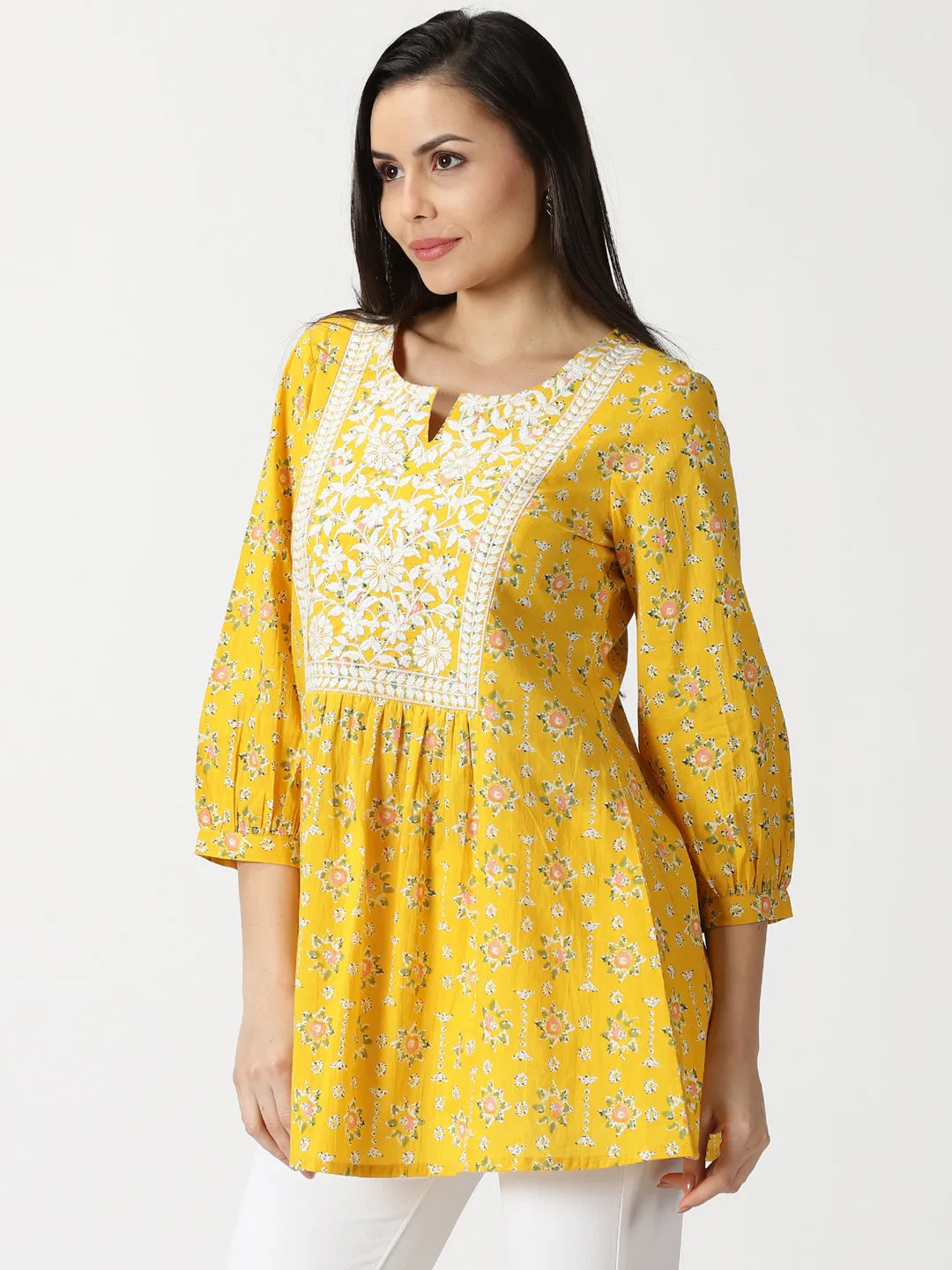 Yellow Floral Print Cotton Tunic with Lucknowi Chikankari Yoke