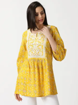 Yellow Floral Print Cotton Tunic with Lucknowi Chikankari Yoke