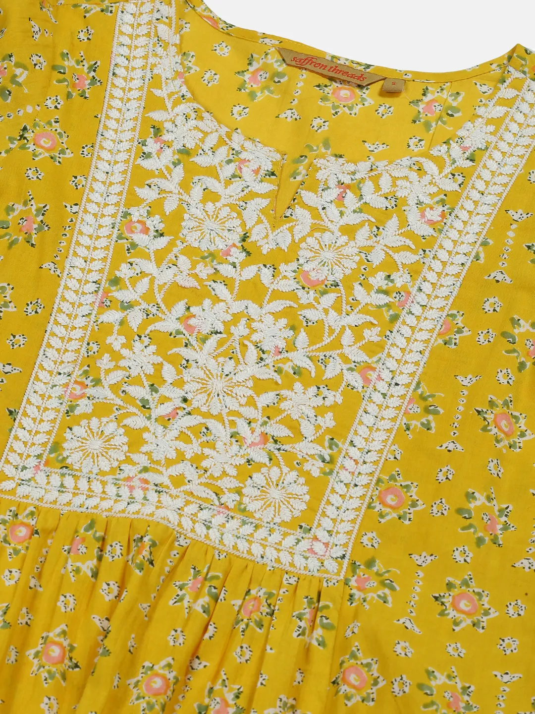 Yellow Floral Print Cotton Tunic with Lucknowi Chikankari Yoke