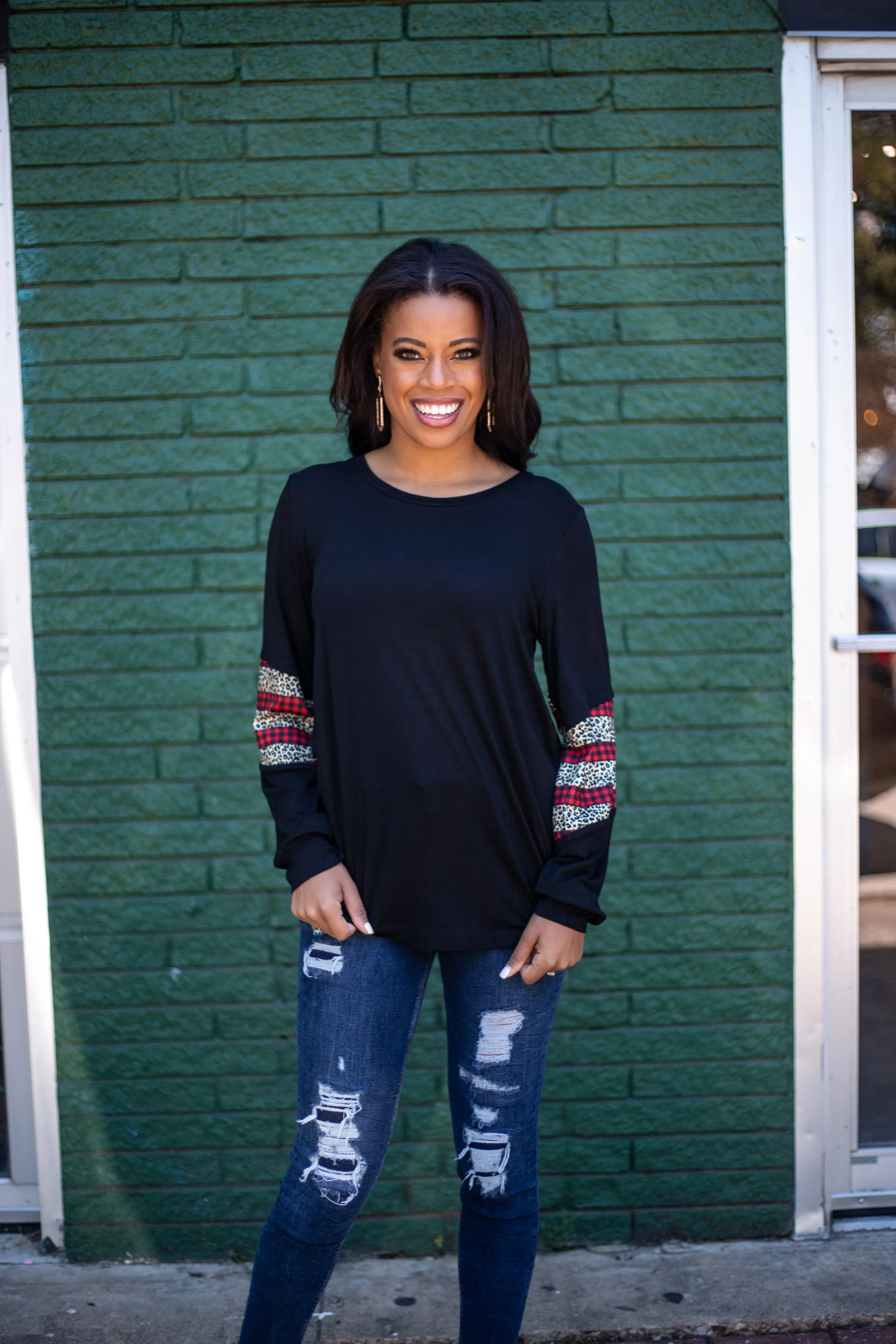 You Can't Sleeve Me Alone Black Long Sleeves T-Shirt with Leopard and Red Checkers