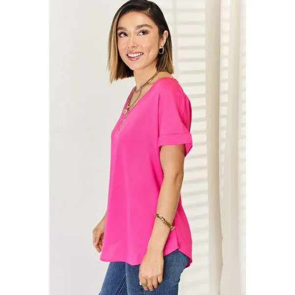 Zenana V-Neck Rolled Short Sleeve T-Shirt